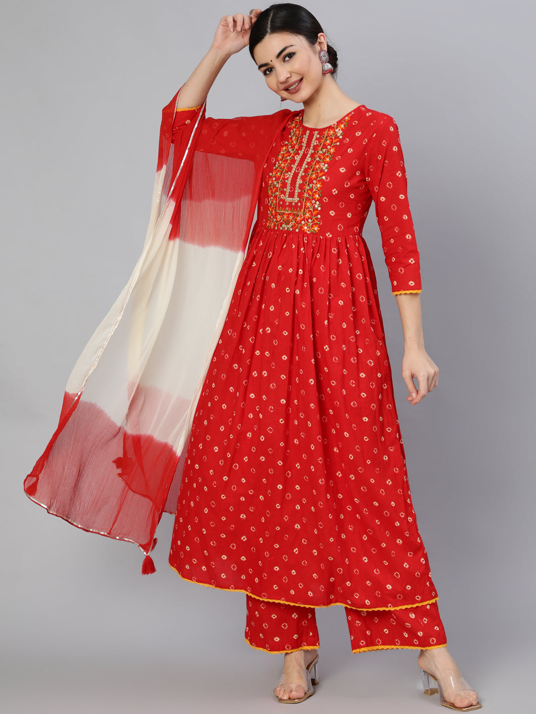 Rayon Calf Length Printed Semi Flared 3/4 Sleeve Round Neck Kurta Dupatta Pant Set (Preorder)