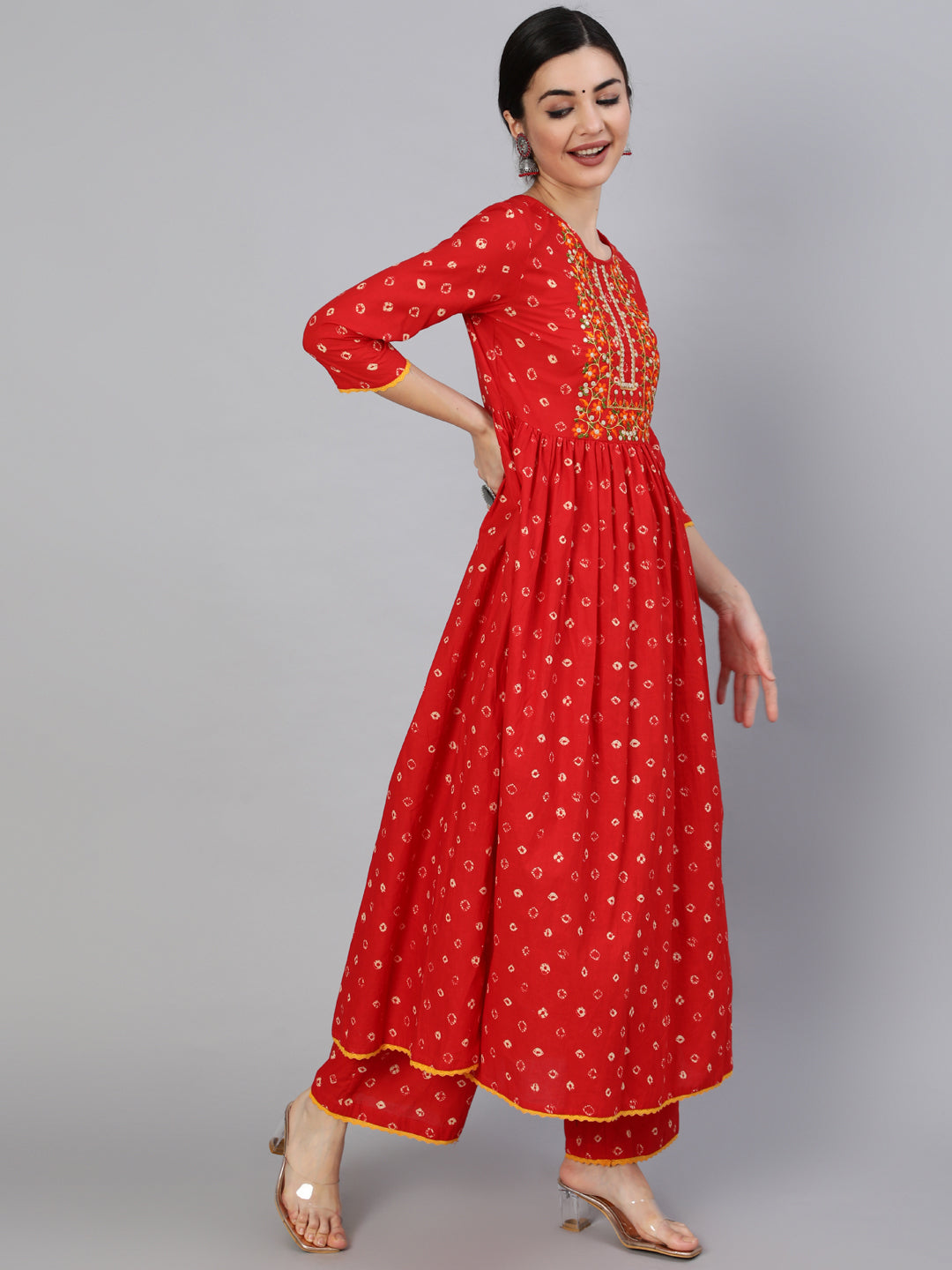 Rayon Calf Length Printed Semi Flared 3/4 Sleeve Round Neck Kurta Dupatta Pant Set (Preorder)