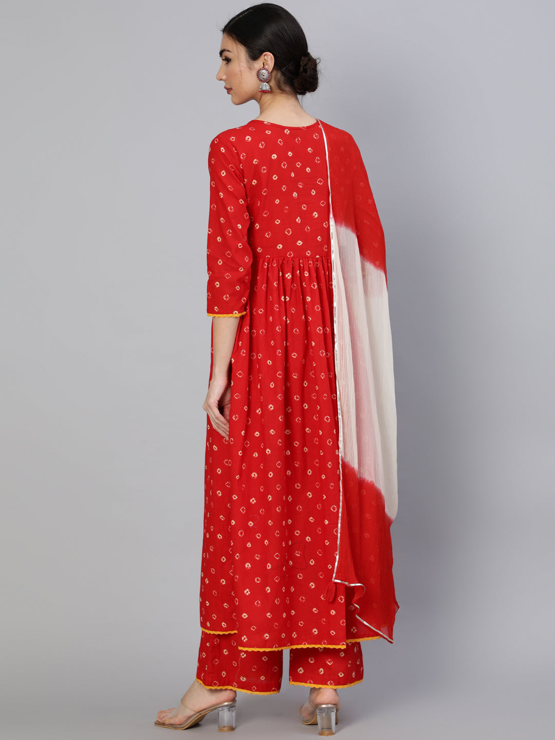 Rayon Calf Length Printed Semi Flared 3/4 Sleeve Round Neck Kurta Dupatta Pant Set (Preorder)