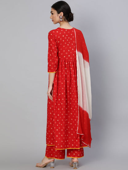 Rayon Calf Length Printed Semi Flared 3/4 Sleeve Round Neck Kurta Dupatta Pant Set (Preorder)