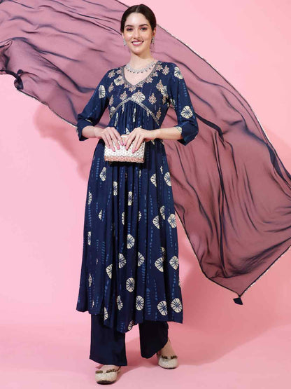 Rayon  Calf Length Printed Flared 3/4 Sleeves V-Neck Kurta Bottom Dupatta Set (Preorder)