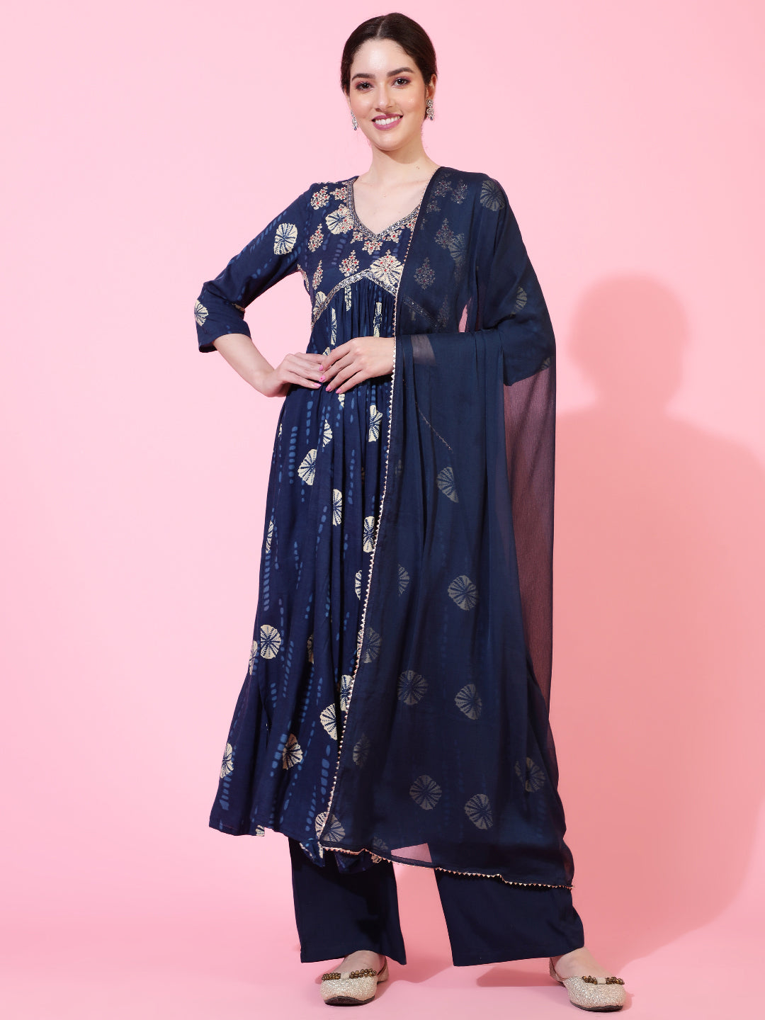Rayon  Calf Length Printed Flared 3/4 Sleeves V-Neck Kurta Bottom Dupatta Set (Preorder)