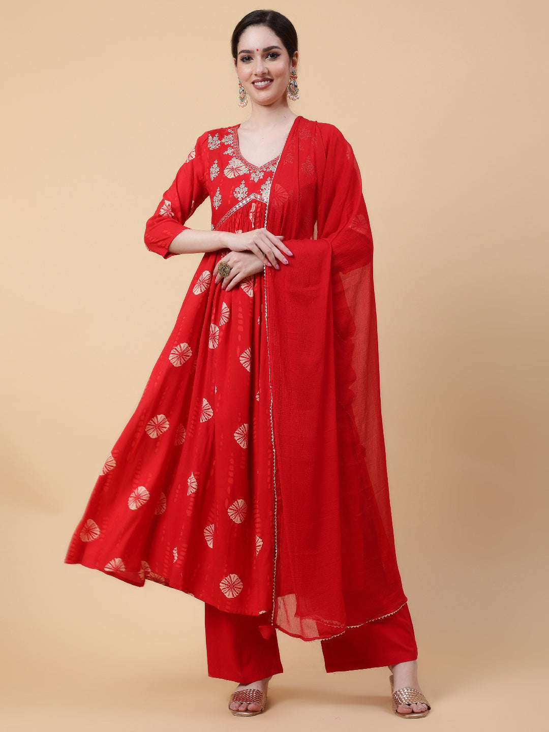Rayon  Calf Length Printed Flared 3/4 Sleeves V-Neck Kurta Bottom Dupatta Set (Preorder)