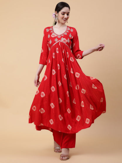 Rayon  Calf Length Printed Flared 3/4 Sleeves V-Neck Kurta Bottom Dupatta Set (Preorder)