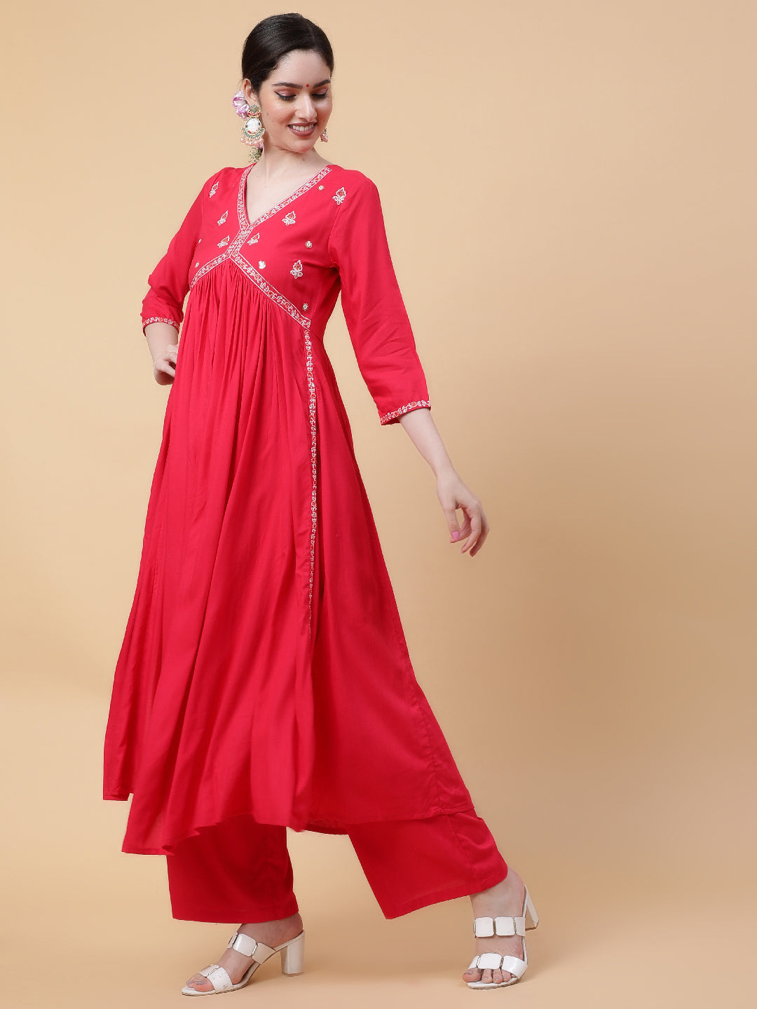 Rayon  Calf Length Solid Flared 3/4 Sleeves V-Neck Kurta Bottom Set (Preorder)