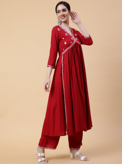 Rayon  Calf Length Solid Flared 3/4 Sleeves V-Neck Kurta Bottom Set (Preorder)