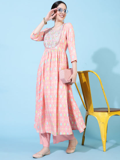 Rayon  Calf Length Printed Flared 3/4 Sleeves Round Neck Kurta Bottom Set (Preorder)