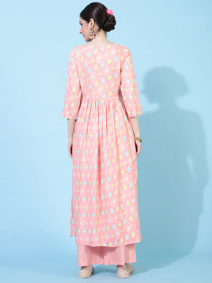 Rayon  Calf Length Printed Flared 3/4 Sleeves Round Neck Kurta Bottom Set (Preorder)