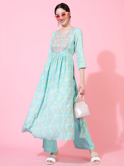 Rayon  Calf Length Printed Flared 3/4 Sleeves Round Neck Kurta Bottom Set (Preorder)