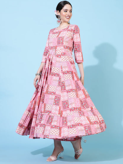 Cotton  Calf Length Printed Flared 3/4 Sleeves Round Neck Kurta Set (Preorder)