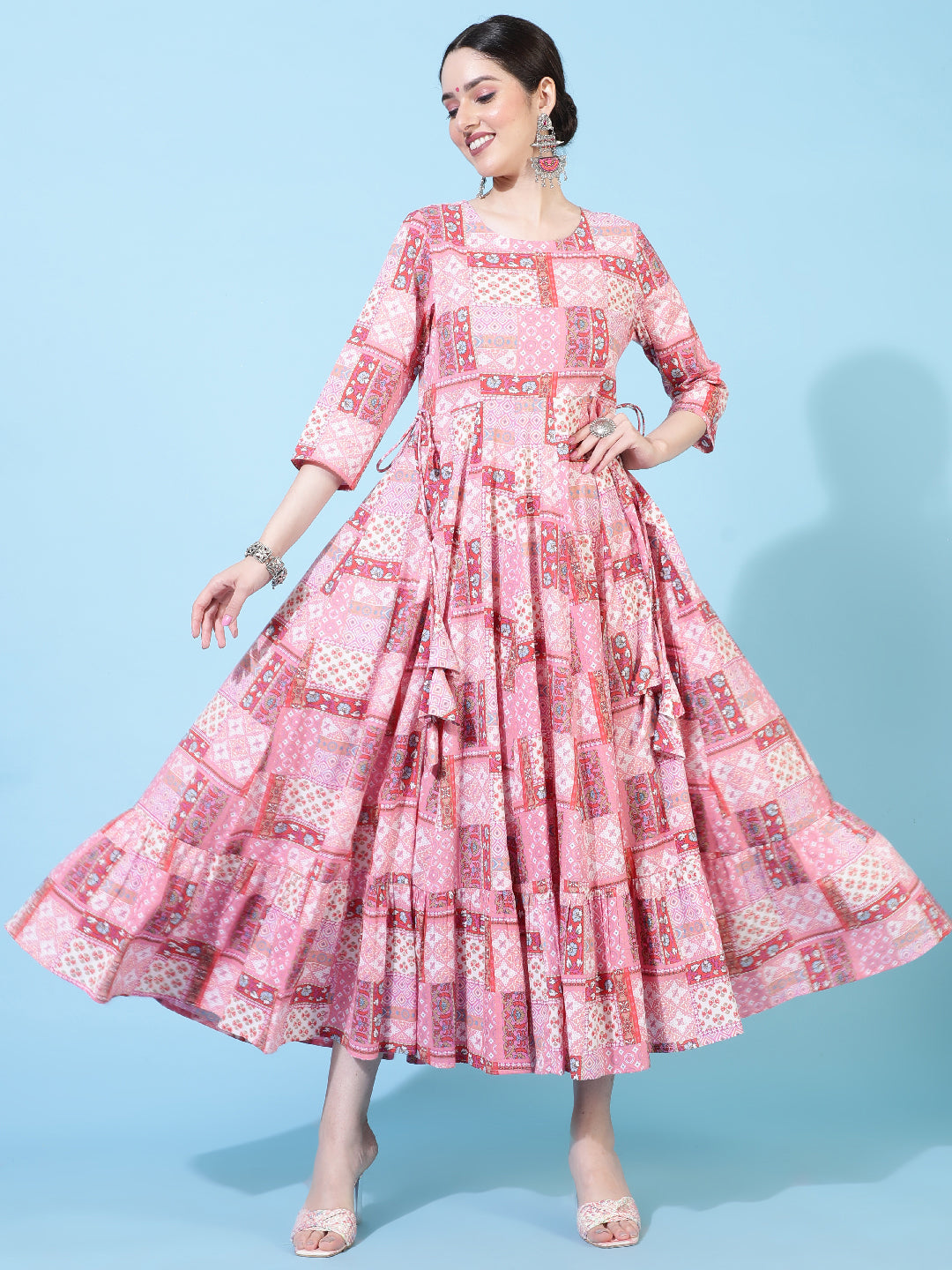 Cotton  Calf Length Printed Flared 3/4 Sleeves Round Neck Kurta Set (Preorder)