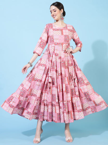 Cotton  Calf Length Printed Flared 3/4 Sleeves Round Neck Kurta Set (Preorder)