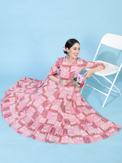 Cotton  Calf Length Printed Flared 3/4 Sleeves Round Neck Kurta Set (Preorder)