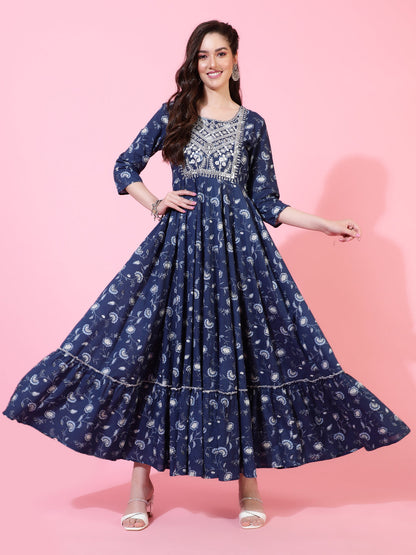 Cotton  Ankle Length Printed Flared 3/4 Sleeves Round Neck Kurta Set (Preorder)