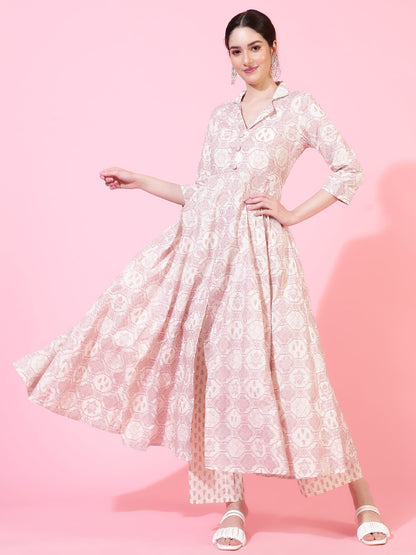 Cotton  Calf Length Printed Flared 3/4 Sleeves Coller Neck Kurta Bottom Set (Preorder)