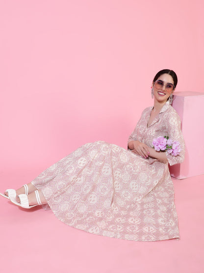 Cotton  Calf Length Printed Flared 3/4 Sleeves Coller Neck Kurta Bottom Set (Preorder)