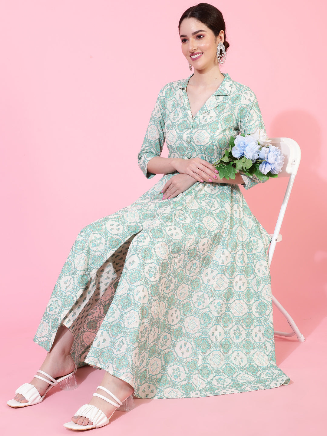 Cotton  Calf Length Printed Flared 3/4 Sleeves Coller Neck Kurta Bottom Set (Preorder)