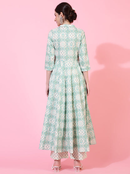 Cotton  Calf Length Printed Flared 3/4 Sleeves Coller Neck Kurta Bottom Set (Preorder)