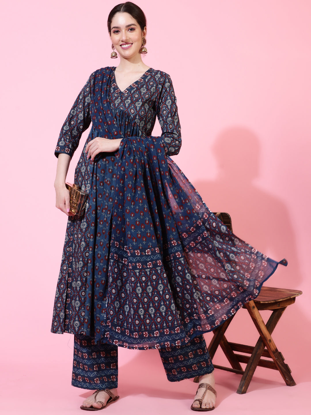 Cotton  Calf Length Printed Flared 3/4 Sleeves V-Neck Kurta Bottom Dupatta Set (Preorder)