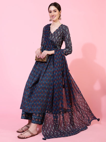 Cotton  Calf Length Printed Flared 3/4 Sleeves V-Neck Kurta Bottom Dupatta Set (Preorder)