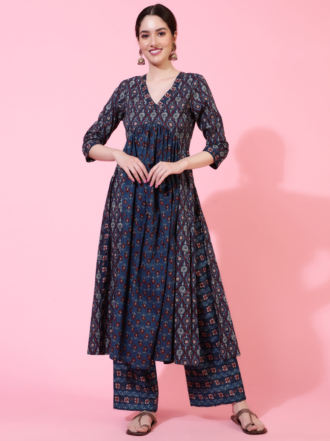 Cotton  Calf Length Printed Flared 3/4 Sleeves V-Neck Kurta Bottom Dupatta Set (Preorder)