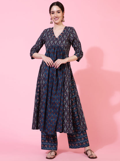 Cotton  Calf Length Printed Flared 3/4 Sleeves V-Neck Kurta Bottom Dupatta Set (Preorder)