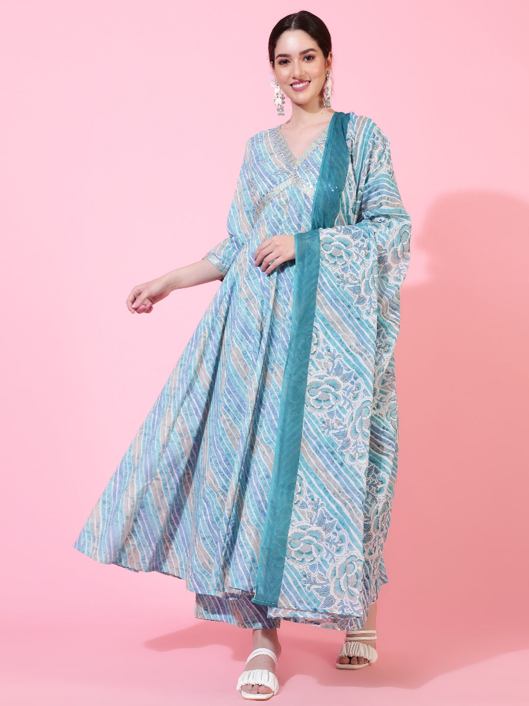 Cotton  Calf Length Printed Flared 3/4 Sleeves V-Neck Kurta Bottom Dupatta Set (Preorder)
