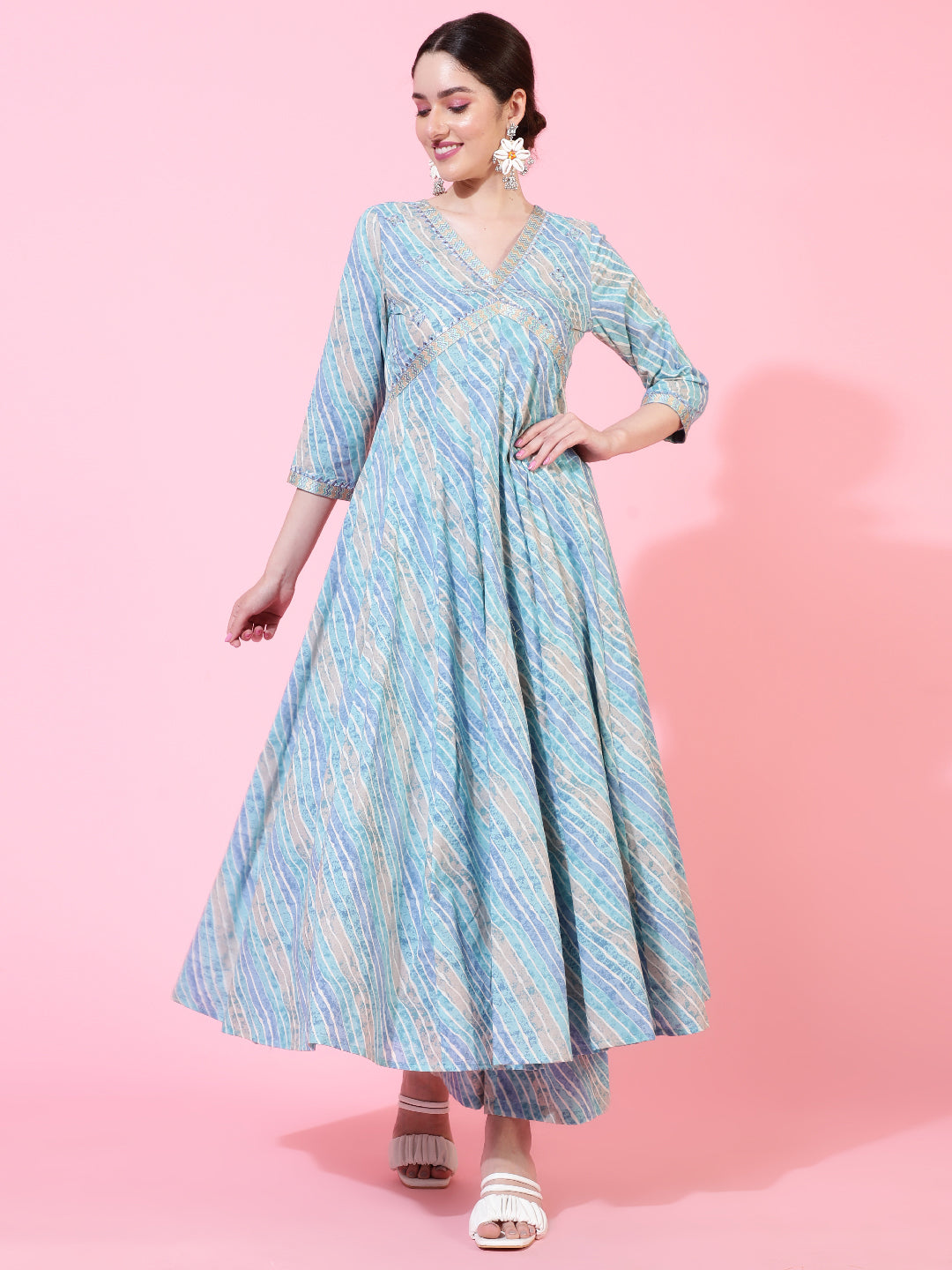 Cotton  Calf Length Printed Flared 3/4 Sleeves V-Neck Kurta Bottom Dupatta Set (Preorder)