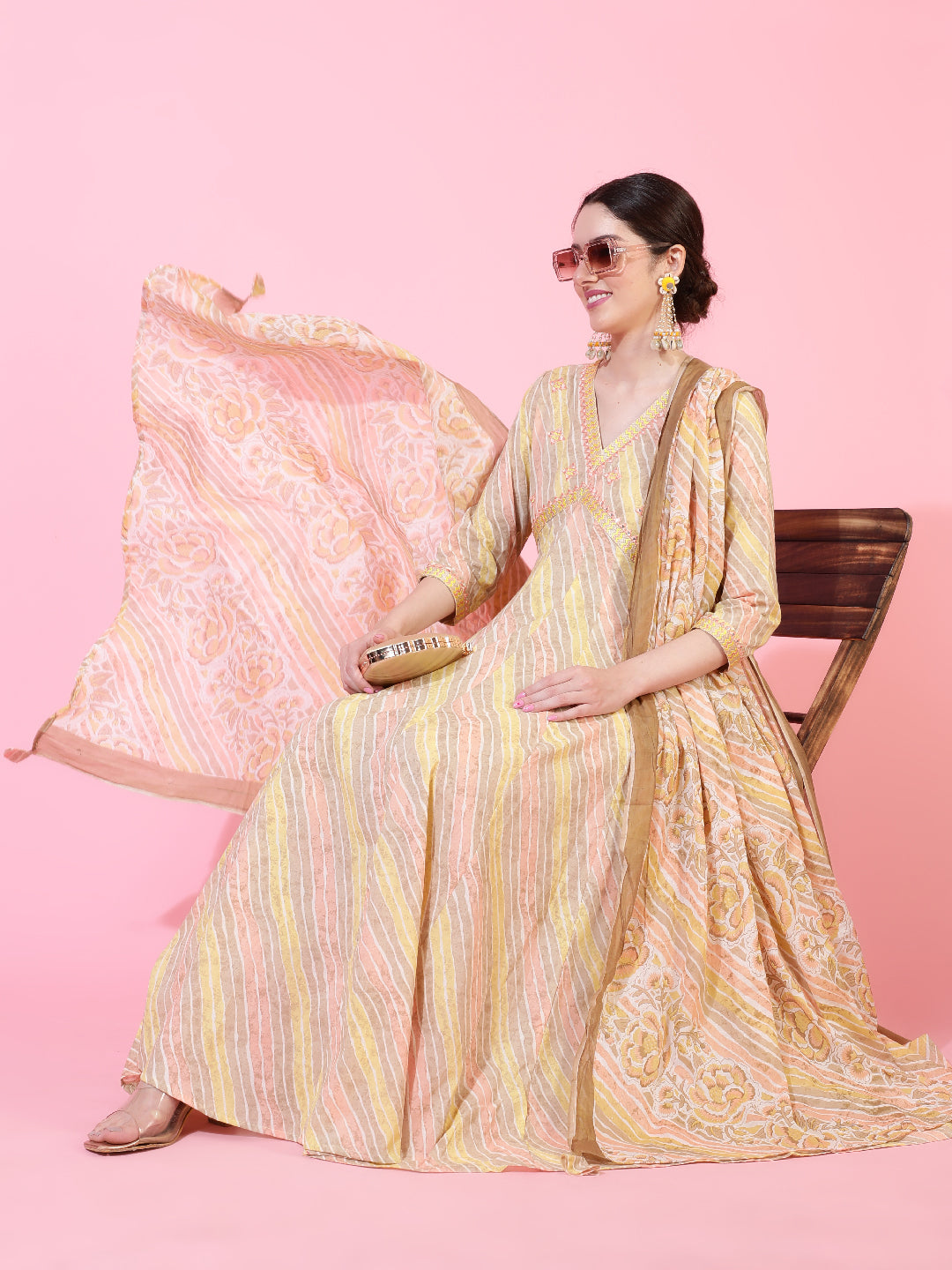 Cotton  Calf Length Printed Flared 3/4 Sleeves V-Neck Kurta Bottom Dupatta Set (Preorder)