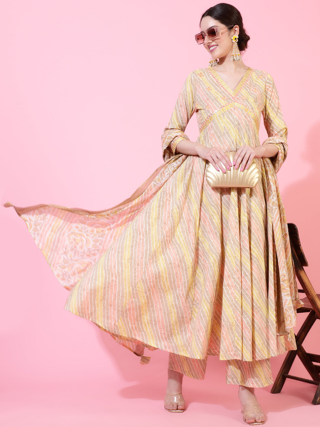 Cotton  Calf Length Printed Flared 3/4 Sleeves V-Neck Kurta Bottom Dupatta Set (Preorder)