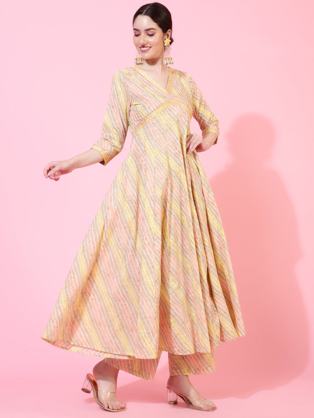 Cotton  Calf Length Printed Flared 3/4 Sleeves V-Neck Kurta Bottom Dupatta Set (Preorder)