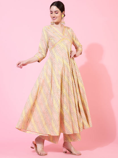 Cotton  Calf Length Printed Flared 3/4 Sleeves V-Neck Kurta Bottom Dupatta Set (Preorder)