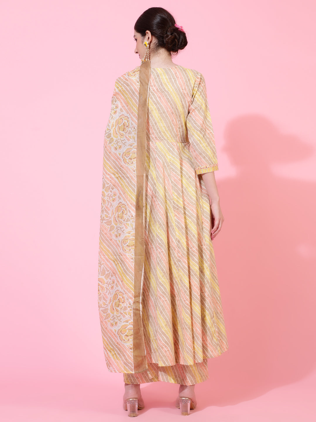 Cotton  Calf Length Printed Flared 3/4 Sleeves V-Neck Kurta Bottom Dupatta Set (Preorder)