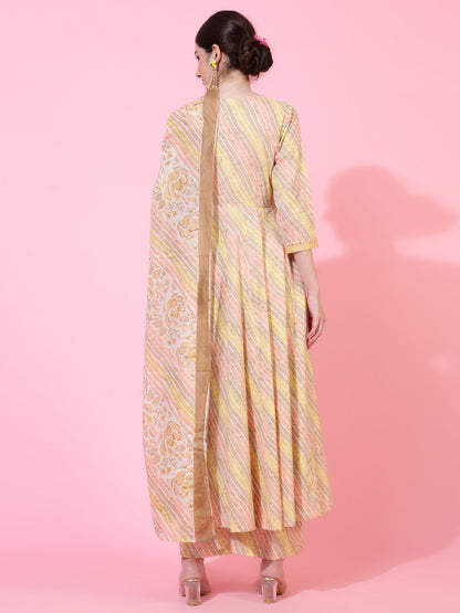 Cotton  Calf Length Printed Flared 3/4 Sleeves V-Neck Kurta Bottom Dupatta Set (Preorder)