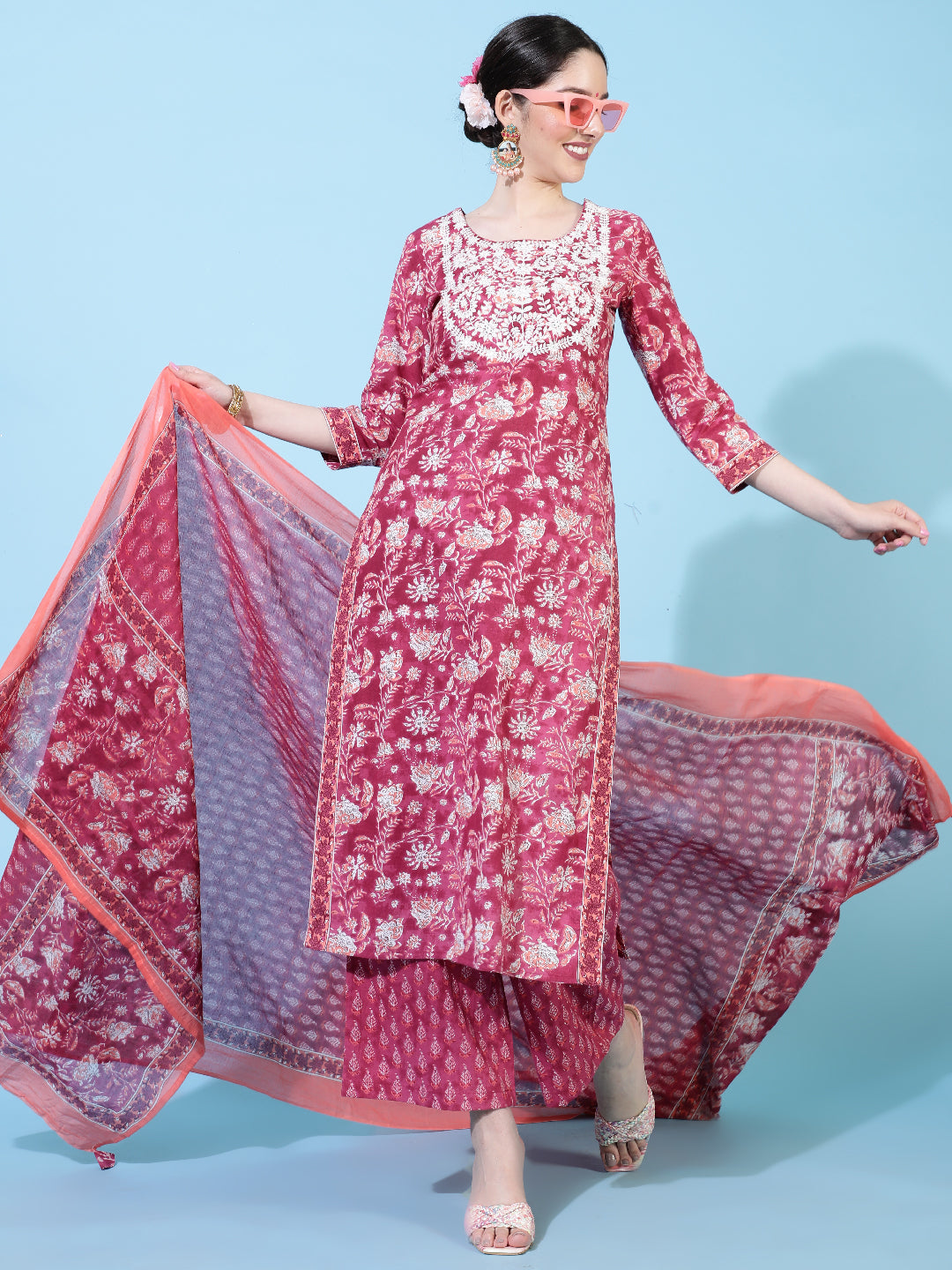 Cotton  Calf Length Printed Straight 3/4 Sleeves Round Neck Kurta Bottom Dupatta Set (Preorder)
