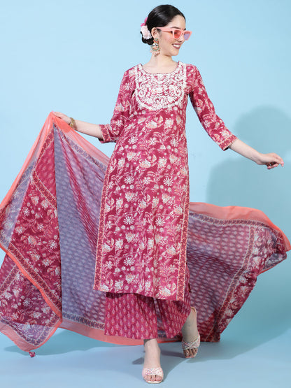 Cotton  Calf Length Printed Straight 3/4 Sleeves Round Neck Kurta Bottom Dupatta Set (Preorder)