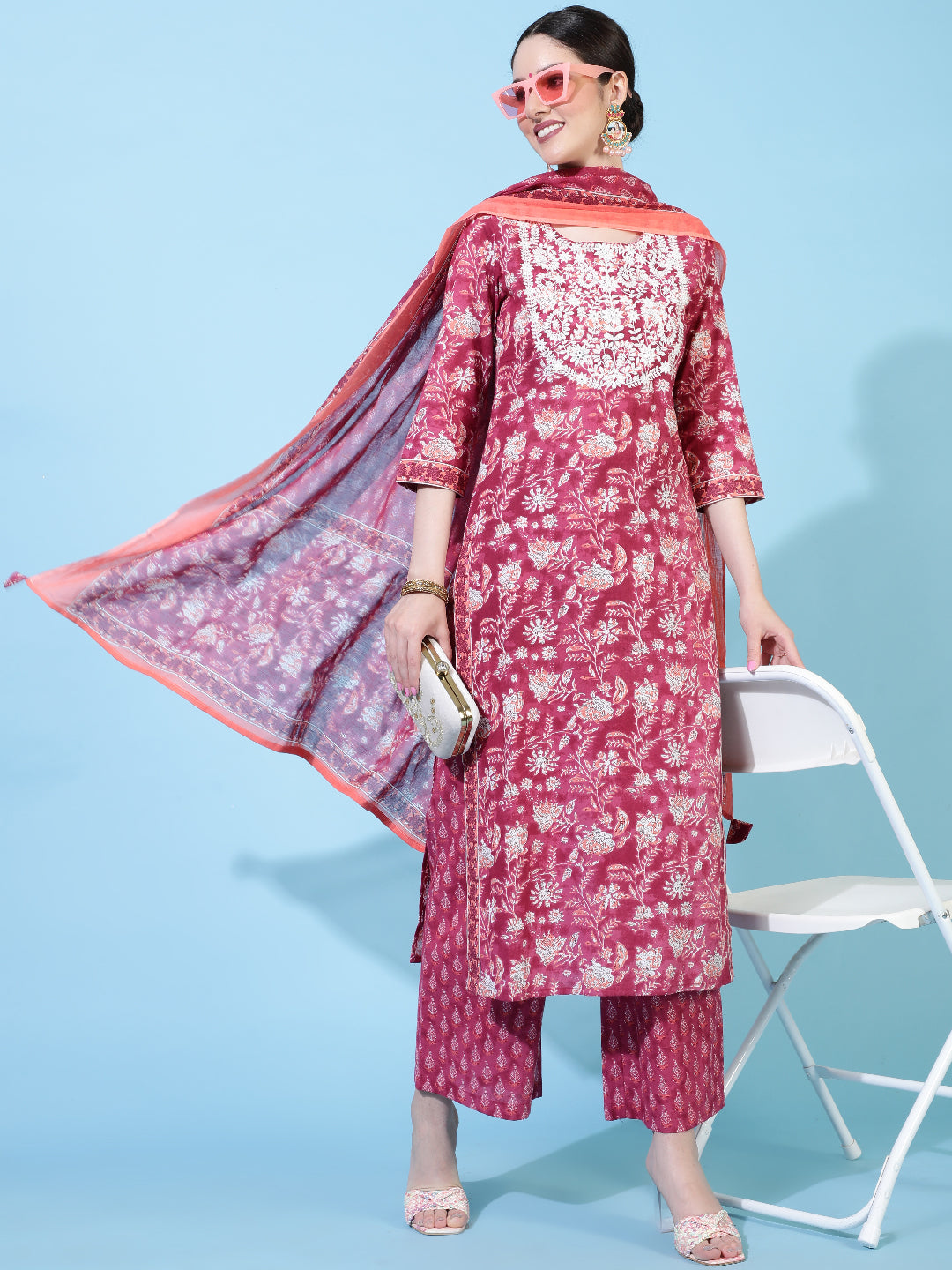 Cotton  Calf Length Printed Straight 3/4 Sleeves Round Neck Kurta Bottom Dupatta Set (Preorder)