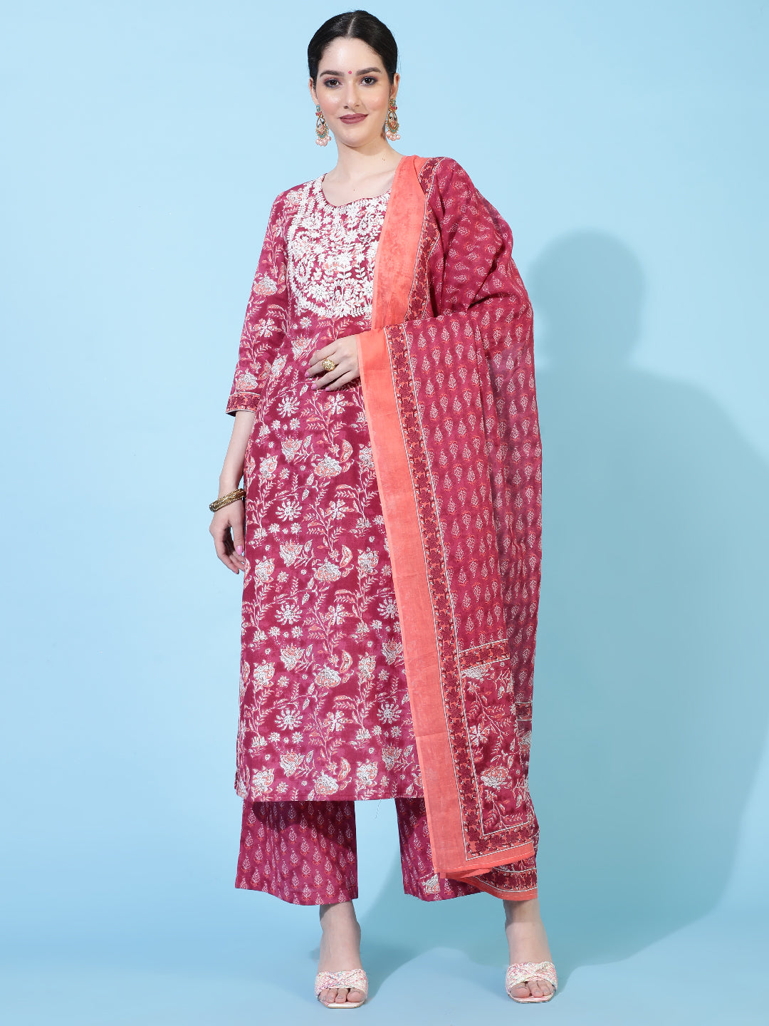Cotton  Calf Length Printed Straight 3/4 Sleeves Round Neck Kurta Bottom Dupatta Set (Preorder)
