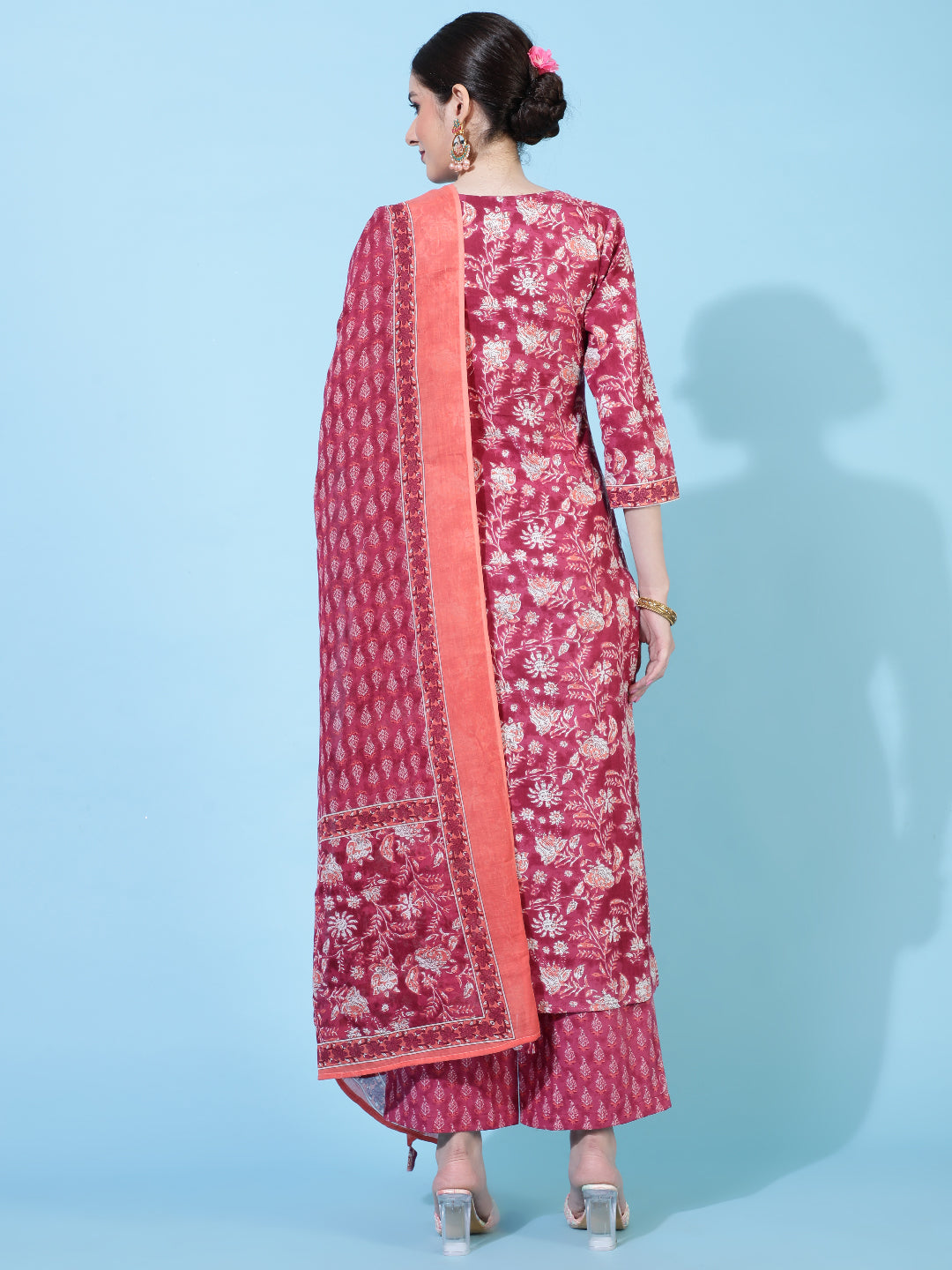 Cotton  Calf Length Printed Straight 3/4 Sleeves Round Neck Kurta Bottom Dupatta Set (Preorder)