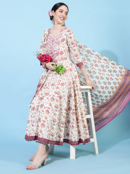 Cotton  Calf Length Printed Flared 3/4 Sleeves Round Neck Kurta Bottom Dupatta Set (Preorder)