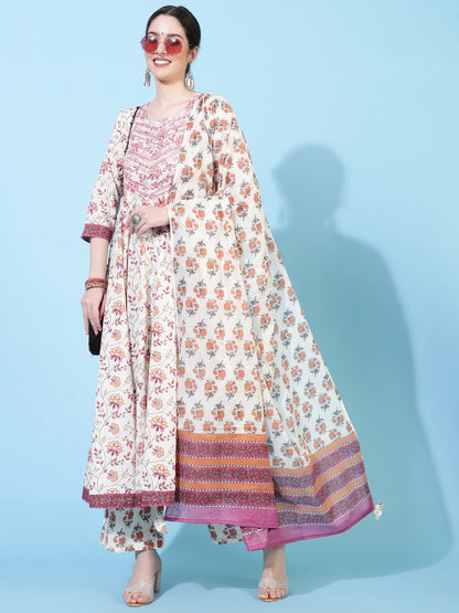 Cotton  Calf Length Printed Flared 3/4 Sleeves Round Neck Kurta Bottom Dupatta Set (Preorder)