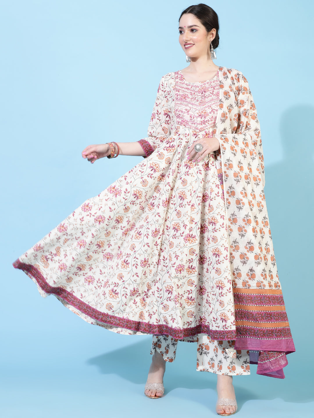 Cotton  Calf Length Printed Flared 3/4 Sleeves Round Neck Kurta Bottom Dupatta Set (Preorder)