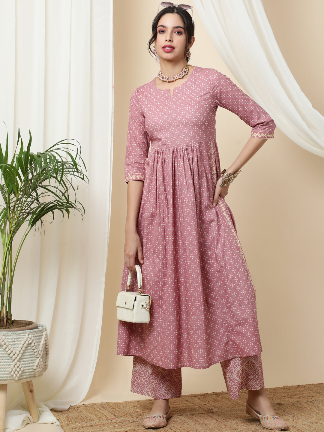 Rayon  Calf Length Printed  3/4 Sleeve Round Neck Kurta Bottom Set (Preorder)