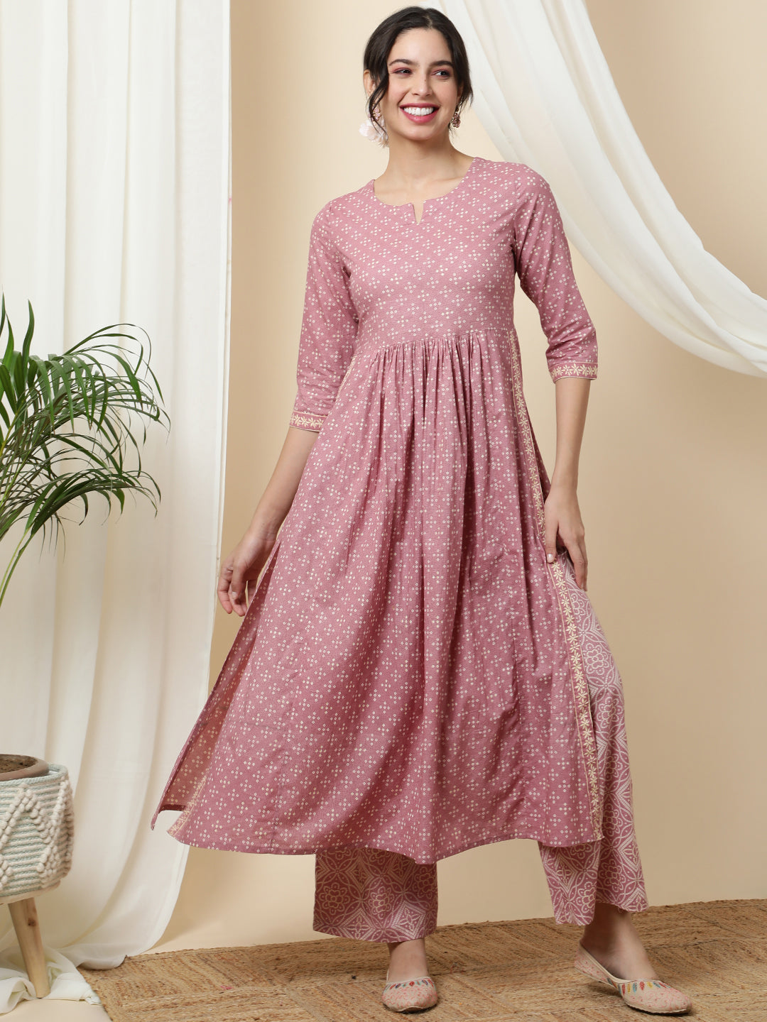 Rayon  Calf Length Printed  3/4 Sleeve Round Neck Kurta Bottom Set (Preorder)