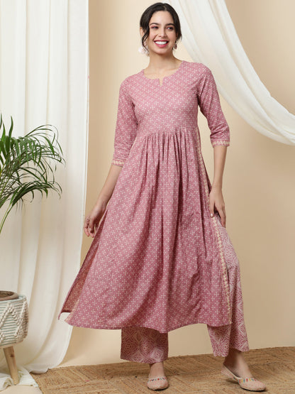 Rayon  Calf Length Printed  3/4 Sleeve Round Neck Kurta Bottom Set (Preorder)