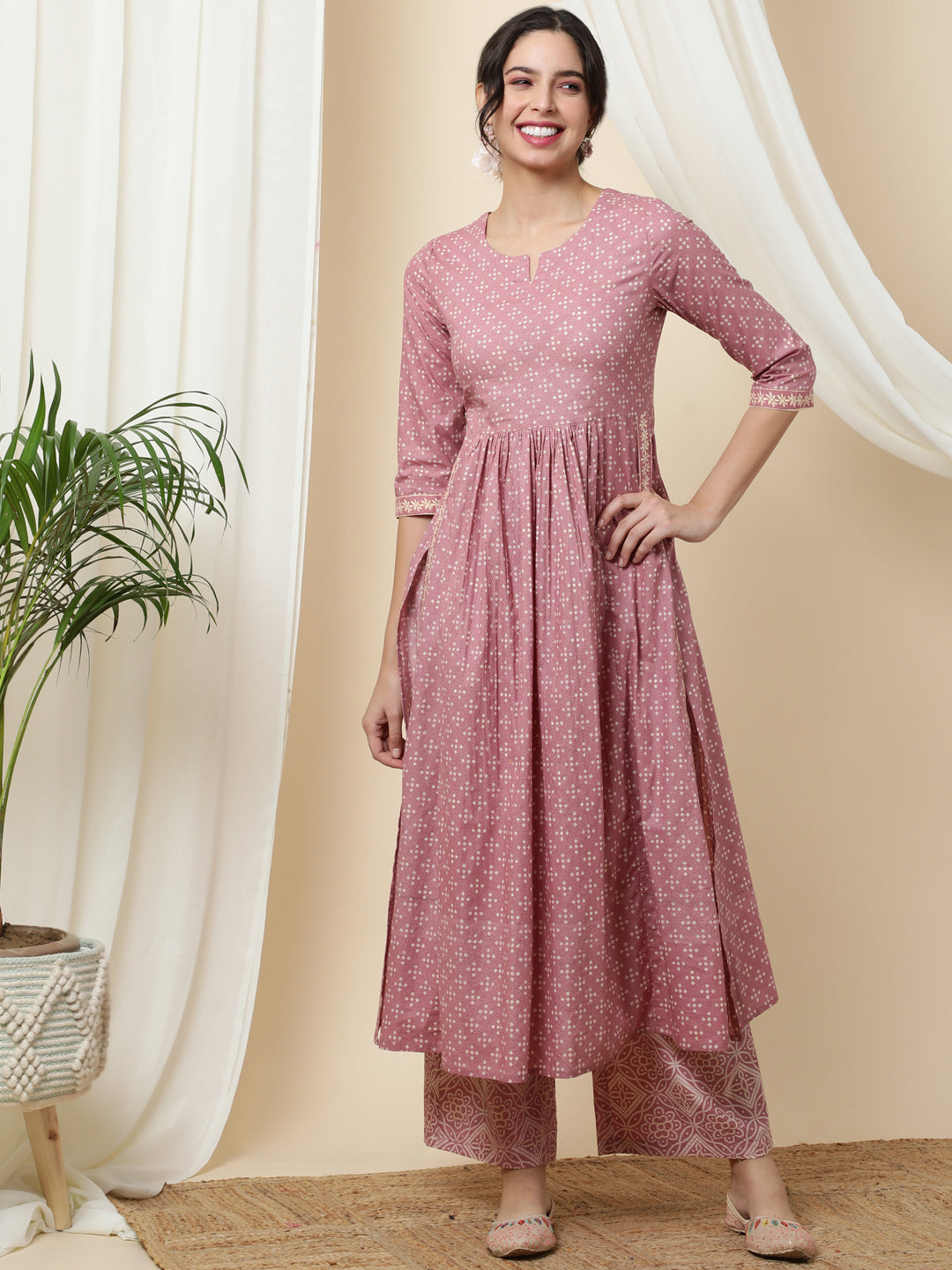 Rayon  Calf Length Printed  3/4 Sleeve Round Neck Kurta Bottom Set (Preorder)
