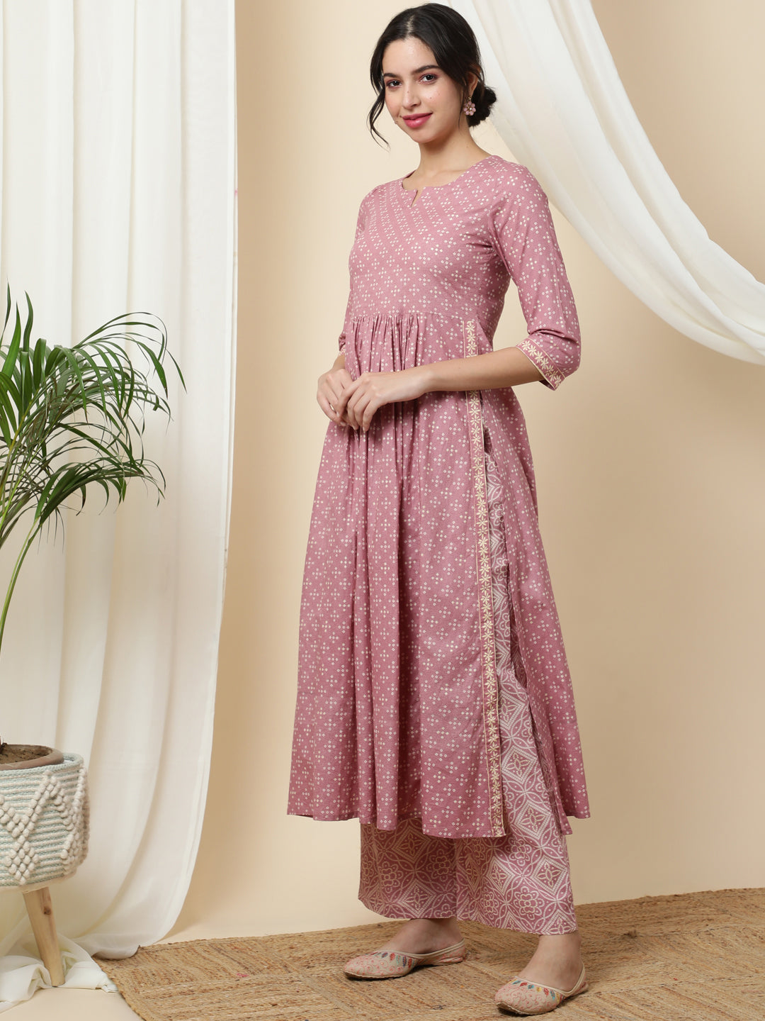 Rayon  Calf Length Printed  3/4 Sleeve Round Neck Kurta Bottom Set (Preorder)