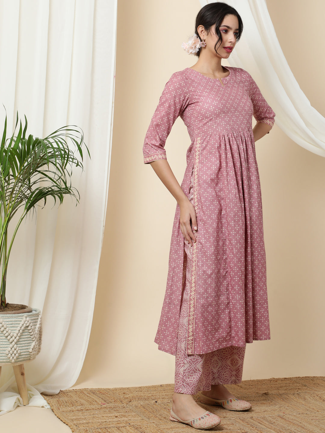 Rayon  Calf Length Printed  3/4 Sleeve Round Neck Kurta Bottom Set