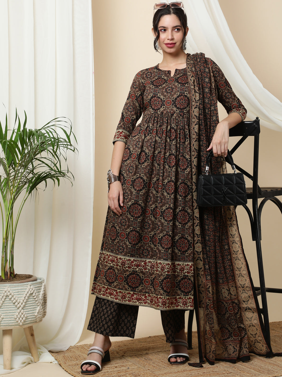 Cotton  Calf Length Printed  3/4 Sleeve Round Neck Kurta Bottom Dupatta Set