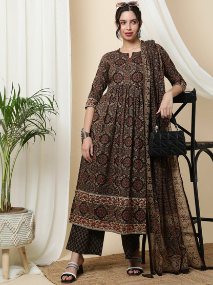Cotton  Calf Length Printed  3/4 Sleeve Round Neck Kurta Bottom Dupatta Set (Preorder)